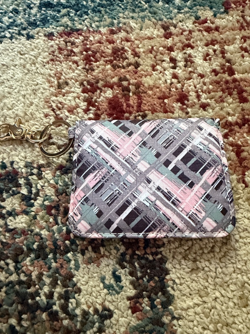 Plaid Card Wallet Keychain in Pink, Gray & Mint
